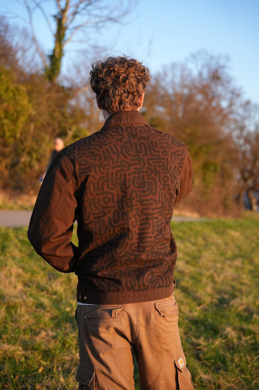 Brown Carhartt Jacket with Black hand-drawn Scripture